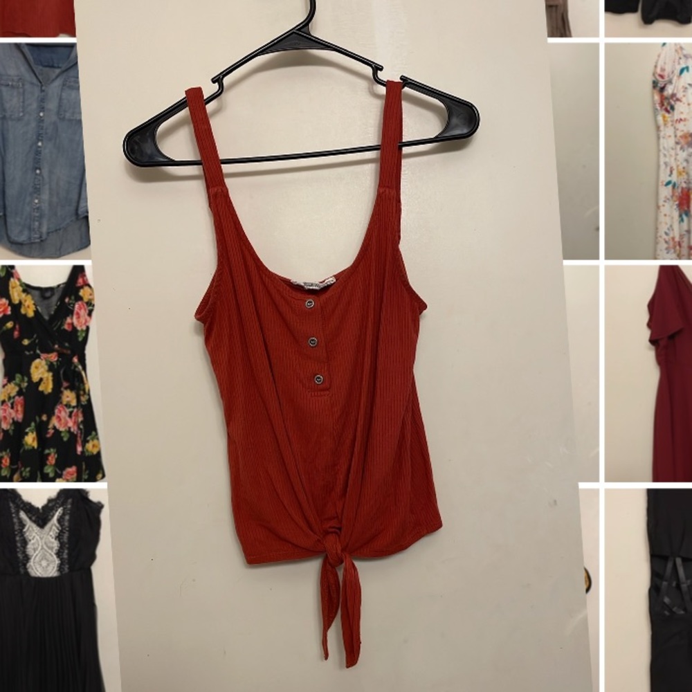 Pink rose brand orange tank top with buttons/tie bottom